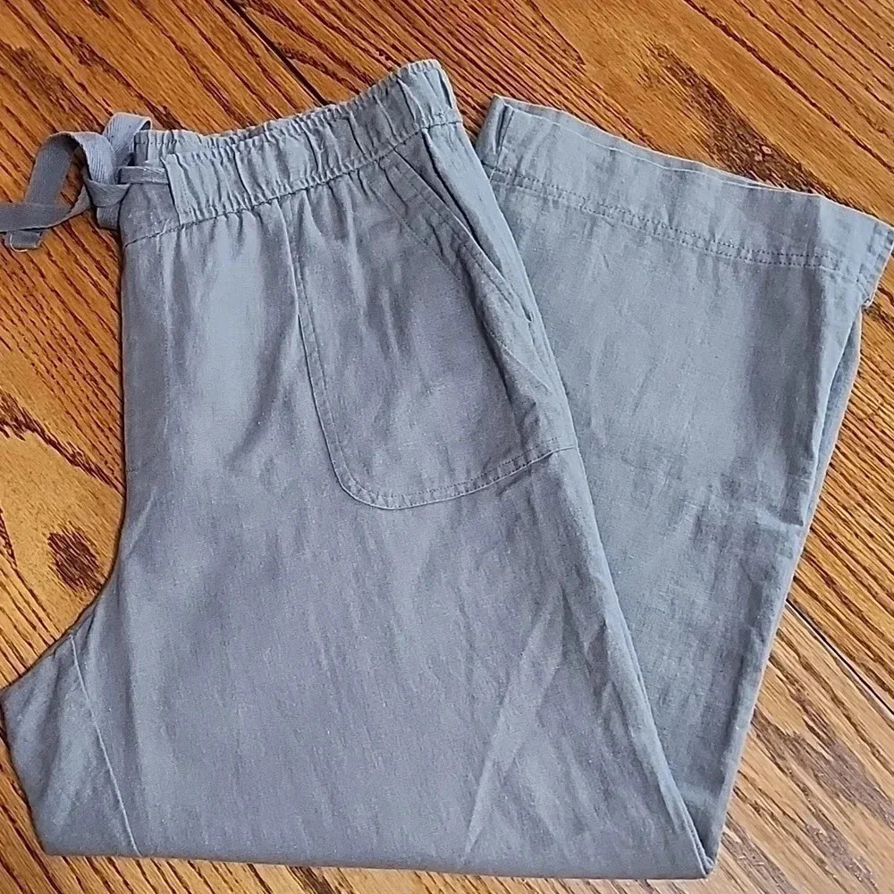Ellen Tracy Women Gray Linen Drawstring Waist Wide Leg Crop Pants Medium